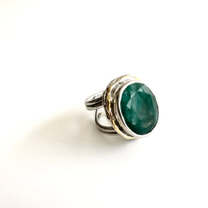 Rough Cut Emerald Magnolia Ring - solid Silver with Gold plate