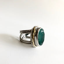 Load image into Gallery viewer, Rough Cut Emerald Magnolia Ring - solid Silver with Gold plate
