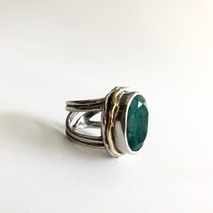 Rough Cut Emerald Magnolia Ring - solid Silver with Gold plate
