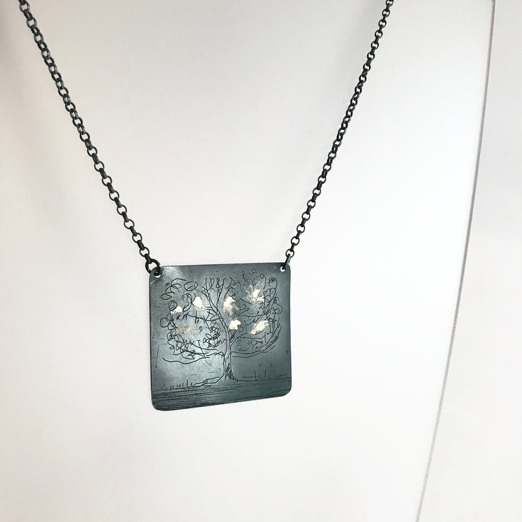 Nightwalk Oxidised Silver Gold Etched Tree Pendant Necklace