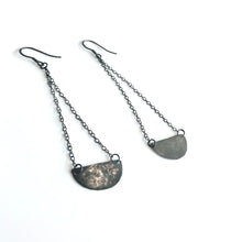 Load image into Gallery viewer, Oxidised Silver Chain Half Moon Beaten Earrings
