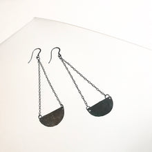 Load image into Gallery viewer, Oxidised Silver Chain Half Moon Beaten Earrings
