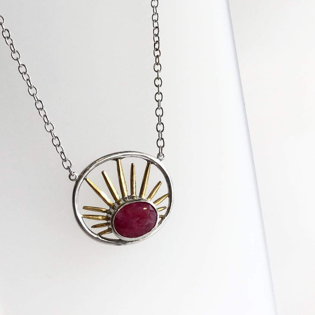 Goddess RUBY Pendant Necklace - Sterling Silver and Gold Plate