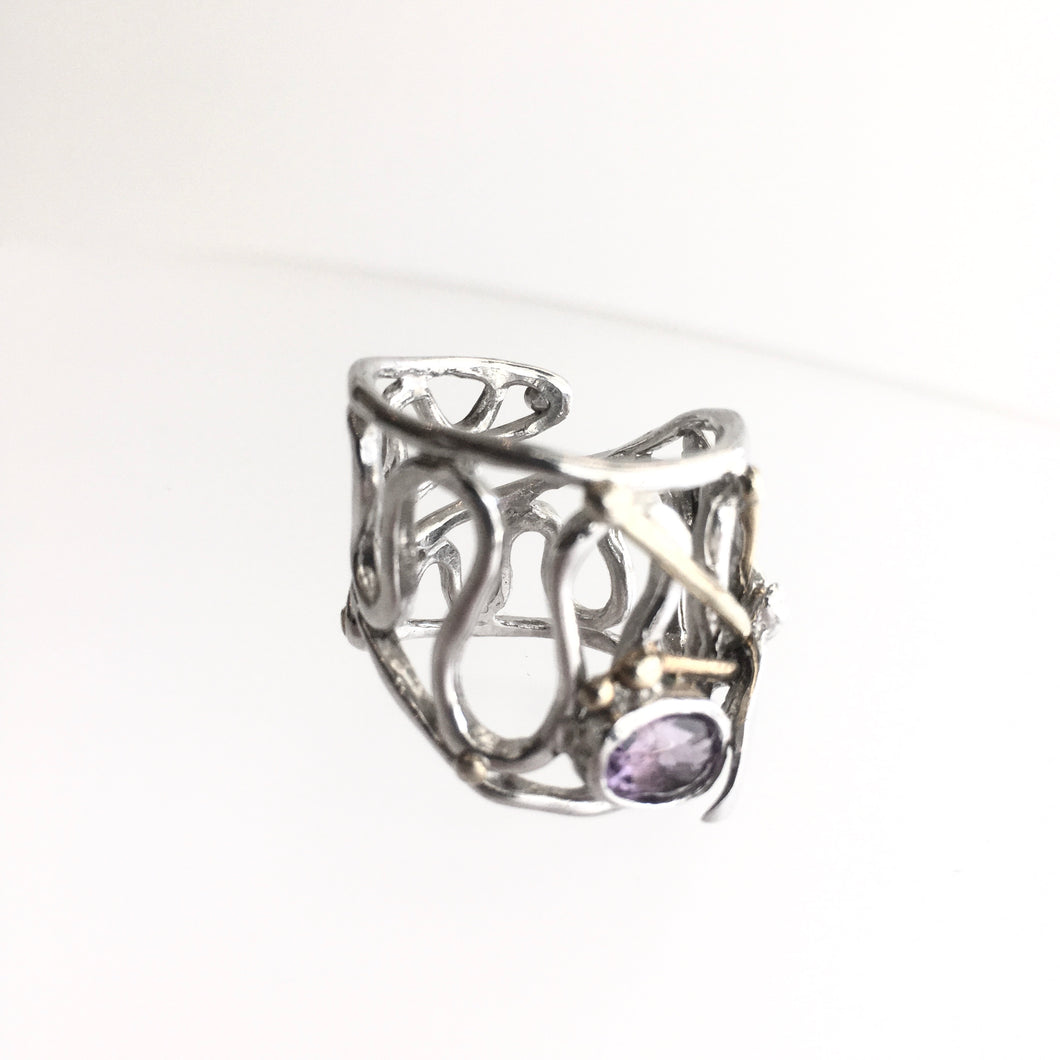 Dragonfly with Amethyst Ring solid Silver with Gold plate
