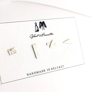 Four Random Silver Etched Stud Earrings - by Ghost & Bonesetter - Made in Belfast