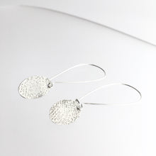 Load image into Gallery viewer, Silver Textured Disc Drop Earrings - by Ghost &amp; Bonesetter - Made in Belfast
