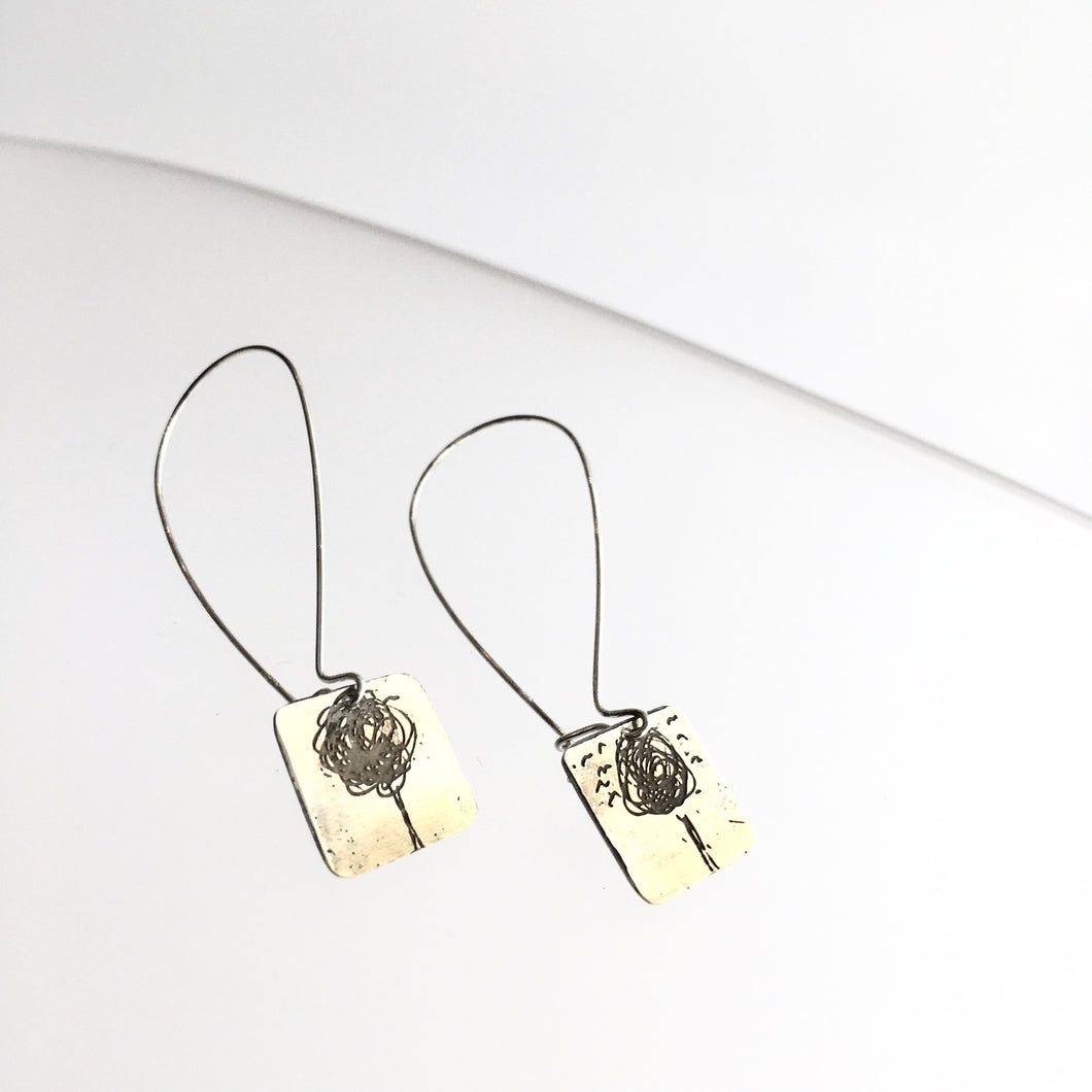 Gold Plated Etched Tree Drop Earrings - by Ghost & Bonesetter - Made in Belfast