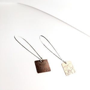 Copper Etched Square Drop Earrings - by Ghost & Bonesetter - Made in Belfast