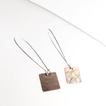 Load image into Gallery viewer, Copper Etched Square Drop Earrings - by Ghost &amp; Bonesetter - Made in Belfast

