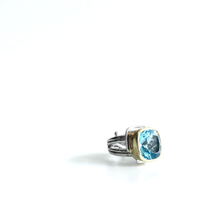 Blue Topaz Art Deco Ring - Solid Silver with Gold Plating