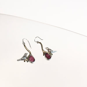 Ruby Lovebird Earrings - Silver & Gold Plate
