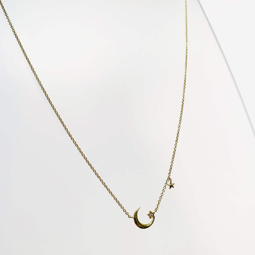 Gold Crescent Moon 2 Star Necklace