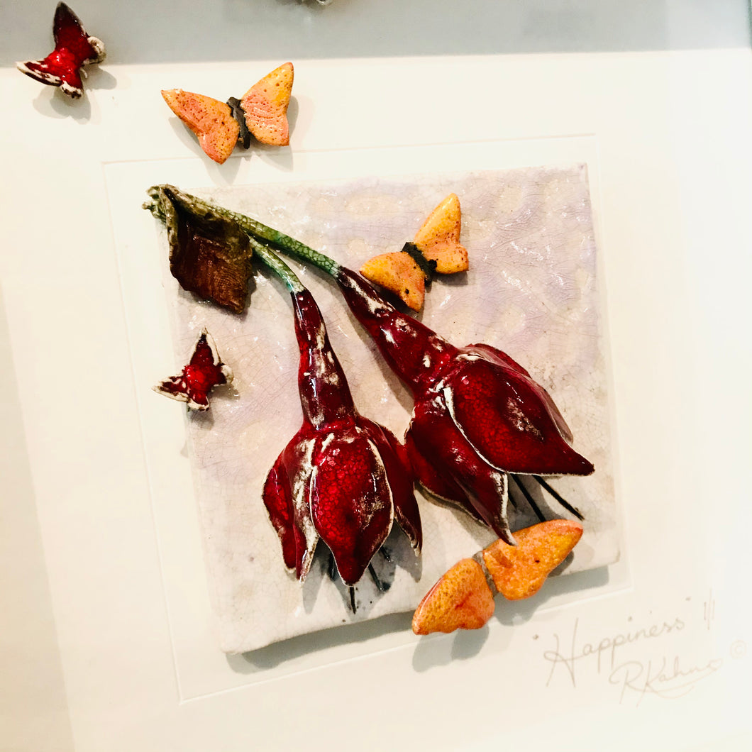 Fuchsia with Yellow Butterflies - Raku Ceramic Art by Rebeka Kahn