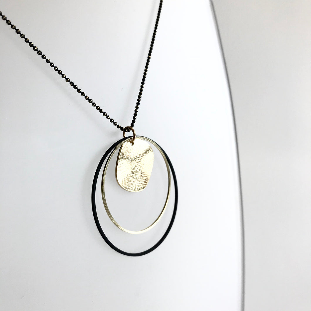 TWO HOOP GOLD & BLACK Pendant Necklace - Gold Plated Hand made in Ireland